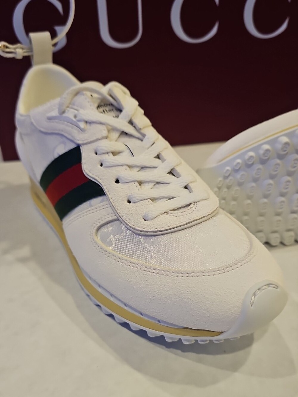 Gucci White Leather Sneakers with Green and Red Web Stripe and Yellow Heel - Picture 2 of 7